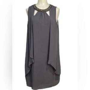 SLNY Dusty Blue Beaded Neckline Midi Dress